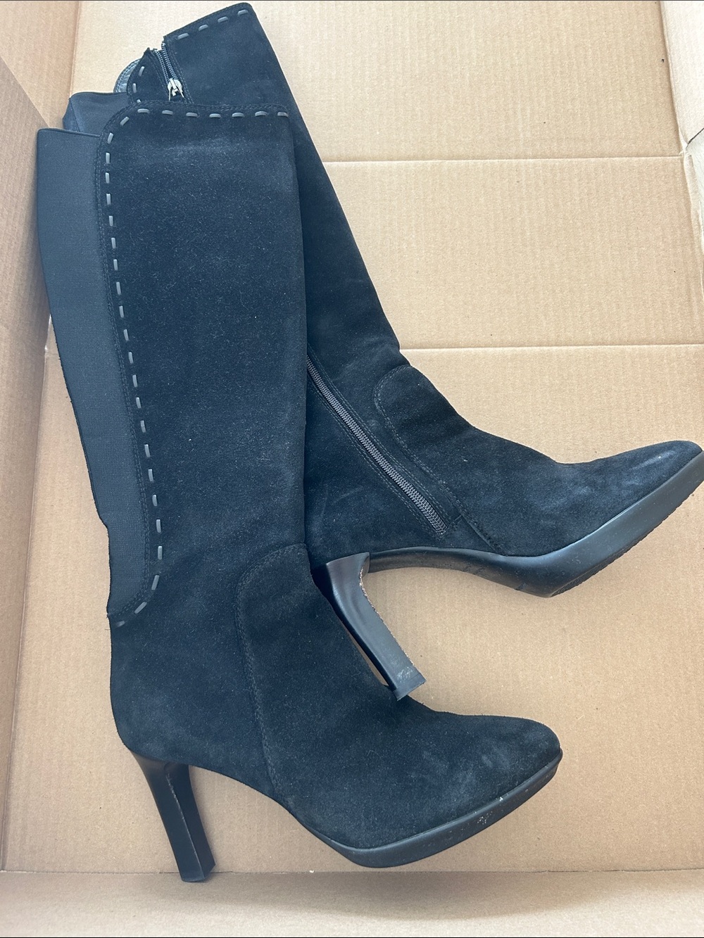 Aquatalia Women's Black Suede Mid-Calf Heel Seam Boots